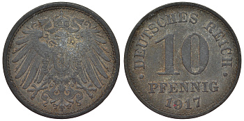 Германия 10 пфеннигов 1917 KM 26, J. 299, Weege 8 цинк 4119-321