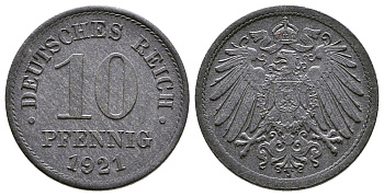 ГЕРМАНИЯ 10 ПФЕННИГОВ 1921 KM 26, J. 299 цинк 4380-251