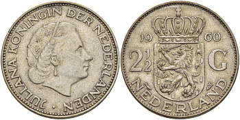 Нидерланды 2 1/2 гульдена 1960 Юлиана (1948-1980) KM 185 серебро 82-1212