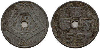 Бельгия 5 сантимов 1941 Belgique - Belgie KM 123 цинк 4602-141