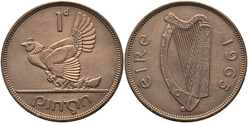 ИРЛАНДИЯ 1 ПЕННИ 1965 КУРИЦА С ЦЫПЛЯТАМИ KM 11 бронза 3457-241