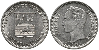 Венесуэла 25 сентимо 1965 Симон Боливар KM 40 никель 4532-265