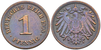 ГЕРМАНИЯ 1 ПФЕННИГ 1909 D KM 10, Jager. 10, Weege 2 медь 4528-1255