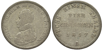 Пруссия 1/6 талера 1817 A, Фридрих Вильгельм III (1797-1840) KM 394, AKS 25, J.36 серебро 00-00