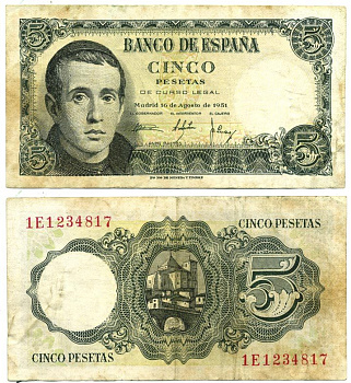 ИСПАНИЯ 5 ПЕСЕТ 1951 16 АВГУСТА 1951, ХАЙМЕ БАЛЬМЕС Pick 140а бумага 7484-20-3