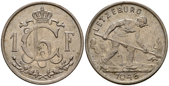 Люксембург 1 франк 1946 Шарлотта (1918-1964), сталевар KM 46.1 медно-никель 4603-1057