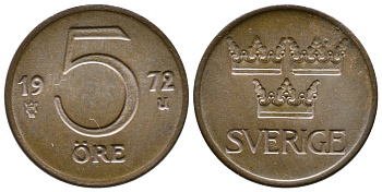 Швеция 5 эре 1972 U Густав VI Адольф (1950-1973) KM 845 бронза 177-1255