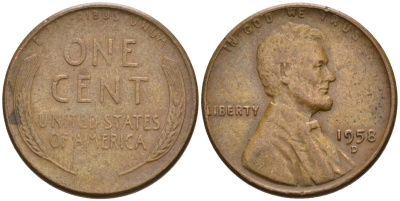 США 1 цент 1958 D, Линкольн KM А132 медь цинк 4564-316