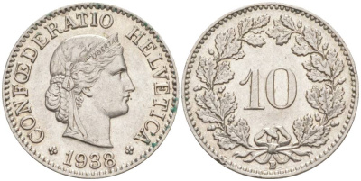 ШВЕЙЦАРИЯ 10 РАППЕНОВ 1938 В KM 27b никель 201-235