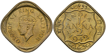 Британская Индия 1/2 анна 1942 Георг VI (1936-1952) KM 534b никель-латунь UNC 94-851