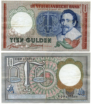 НИДЕРЛАНДЫ 10 ГУЛЬДЕНОВ 1953 АМСТЕРДАМ, 23 МАРТА 1953, ГУГО ГРОЦИЙ Pick 85 бумага 7116-4-1