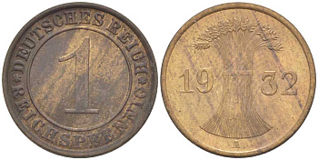 ГЕРМАНИЯ 1 РЕЙХСПФЕННИГ 1932 A KM 37, J. 313, Weege 2 бронза 206-842