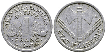 ФРАНЦИЯ 1 ФРАНК 1943 LB, ТИП LEGERE, ПРАВИТЕЛЬСТВО ВИШИ KM 902.1, LE FRANC 223.3 алюминий 80-1012