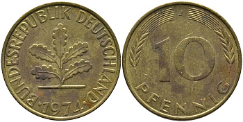 ФРГ 10 ПФЕННИГОВ 1974 J KM 108, J. 383 сталь плакированная латунью 98-455