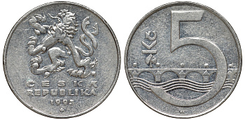 Чехия 5 крон 1993 чешский лев, Карлов мост KM 8 сталь плакированная никелем 51-917