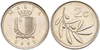Мальта 2 цента 1991 оливковая ветвь KM 94 медно-никель 44-154