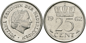 НИДЕРЛАНДЫ 25 ЦЕНТОВ 1962 ЮЛИАНА KM 183 никель 96-152