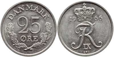 ДАНИЯ 25 ЭРЕ 1966 С; S, ФРЕДЕРИК IX (1947-1972) KM 850 медно-никель 4398-951