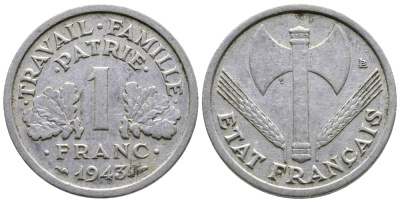 ФРАНЦИЯ 1 ФРАНК 1943 LB, ТИП LEGERE, ПРАВИТЕЛЬСТВО ВИШИ KM 902.1, LE FRANC 223.3 алюминий 80-1012