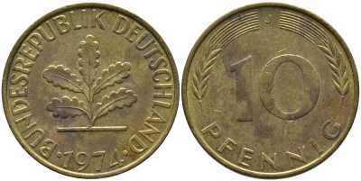 ФРГ 10 ПФЕННИГОВ 1974 J KM 108, J. 383 сталь плакированная латунью 98-455