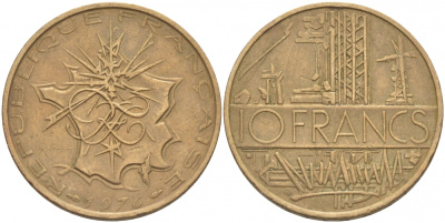 Франция 10 франков 1976 тип Матье KM 940, Le Franc 365.7-8 никель латунь 4402-1137