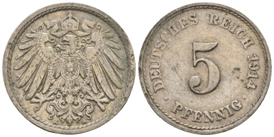 Германия 5 пфеннигов 1914 A, KM 11, J. 12 медно-никель 220-722