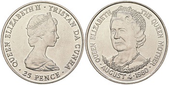 Тристан-да-Кунья 25 пенсов 1980 80 лет со дня рождения Королевы-Матери KM 3 медно-никель BU 00-1067-6-54