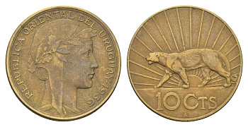 Уругвай 10 сентесимо 1936 год-тип KM 28 алюминиевая бронза 4666-1245