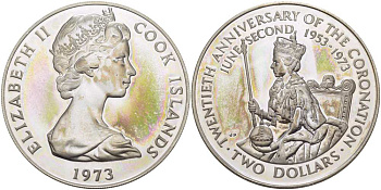 Острова Кука 2 доллара 1973 20 лет со дня коронации Елизаветы II KM 8 серебро PROOF 1085-7-14