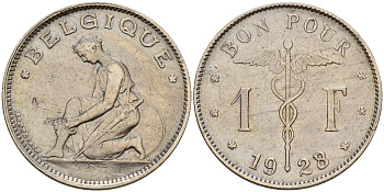Бельгия 1 франк 1928/27 Belgique KM 89 никель    4161-1214
