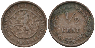 Нидерланды 1/2 цента 1885 Виллем III (1849-1890) KM 109 бронза 4576-267
