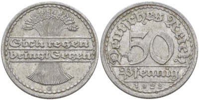 ГЕРМАНИЯ 50 ПФЕННИГОВ 1922 G KM 27, J. 301, Weege 10 алюминий 261-751