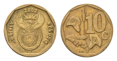 ЮАР 10 центов 2002 герб, цветок алоэ, год-тип KM 269 сталь плакированная бронзой 4687-362