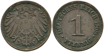 Германия 1 пфенниг 1908 D, Вильгельм II (1888-1918) KM 10, J. 10 медь 4608-152