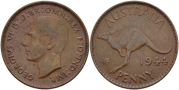АВСТРАЛИЯ 1 ПЕННИ 1944 p, ГЕОРГ VI (1936-1952), КЕНГУРУ KM 36 бронза 82-744