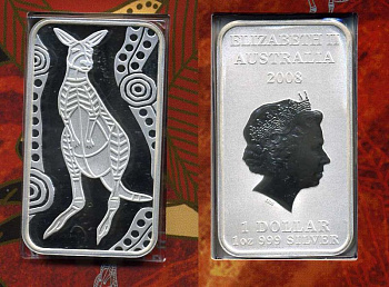 Австралия 1 доллар 2008 кенгуру, аборигенский рисунок, прямоугольник, оригинальная упаковка серебро PROOF 7-5-6-38