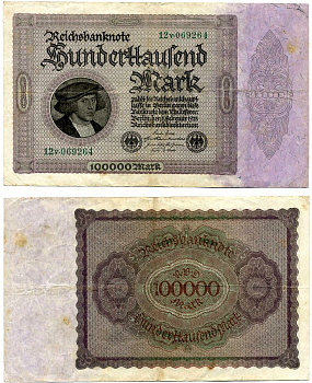 Германия 100000 марок 1923 1 февраля 1923, выпуск (март 1923-5 июля 1925), номер шестизначный, серия 12V 069264 Pick 83, Роземберг 82d бумага 8518-53-1-2