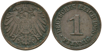 Германия 1 пфенниг 1908 D, Вильгельм II (1888-1918) KM 10, J. 10 медь 4608-152