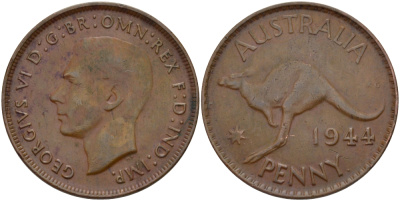 АВСТРАЛИЯ 1 ПЕННИ 1944 p, ГЕОРГ VI (1936-1952), КЕНГУРУ KM 36 бронза 82-744