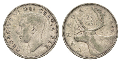 Канада 25 центов 1949 Георг V (1910-1936), олень KM 44 серебро 73-1337