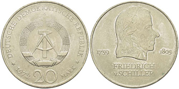 ГДР 20 марок 1972 А, Фридрих Шиллер (1759-1805) KM 40 медно-никель 4521-643