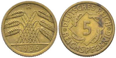 Германия 5 рейхспфеннигов 1935 A KM 39 алюминиевая бронза UNC 4617-339