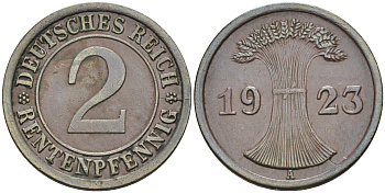 Германия 2 рентенпфеннига 1923 А KM 31, J.307 бронза 4594-847