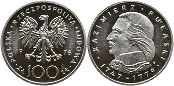 Польша 100 злотых 1976 MW, Казимир Пулавский (1747-1779) KM 84, Parchimowicz 275 серебро PROOF 441-1511