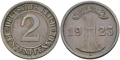 Германия 2 рентенпфеннига 1923 А KM 31, J.307 бронза 4594-847