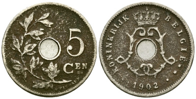 Бельгия 5 сантимов 1902 Belgie KM 47 медно-никель 4173-114