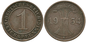 Германия 1 рейхспфенниг 1934 A KM 37, J. 313 бронза 4189-1236