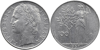 Италия 100 лир 1957 R, Афина в доспехах KM 96.1 нержавеющая сталь 4165-143
