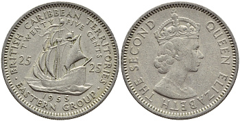 Британские Восточно-Карибские территории 25 центов 1955 Елизавета II (1952-2022), парусник KM 6 медно-никель 76-811