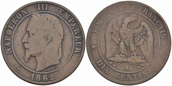 ФРАНЦИЯ 10 САНТИМОВ 1862 K, НАПОЛЕОН III (1852-1870) KM 798.3, LE FRANC 134.7 бронза 4364-4346